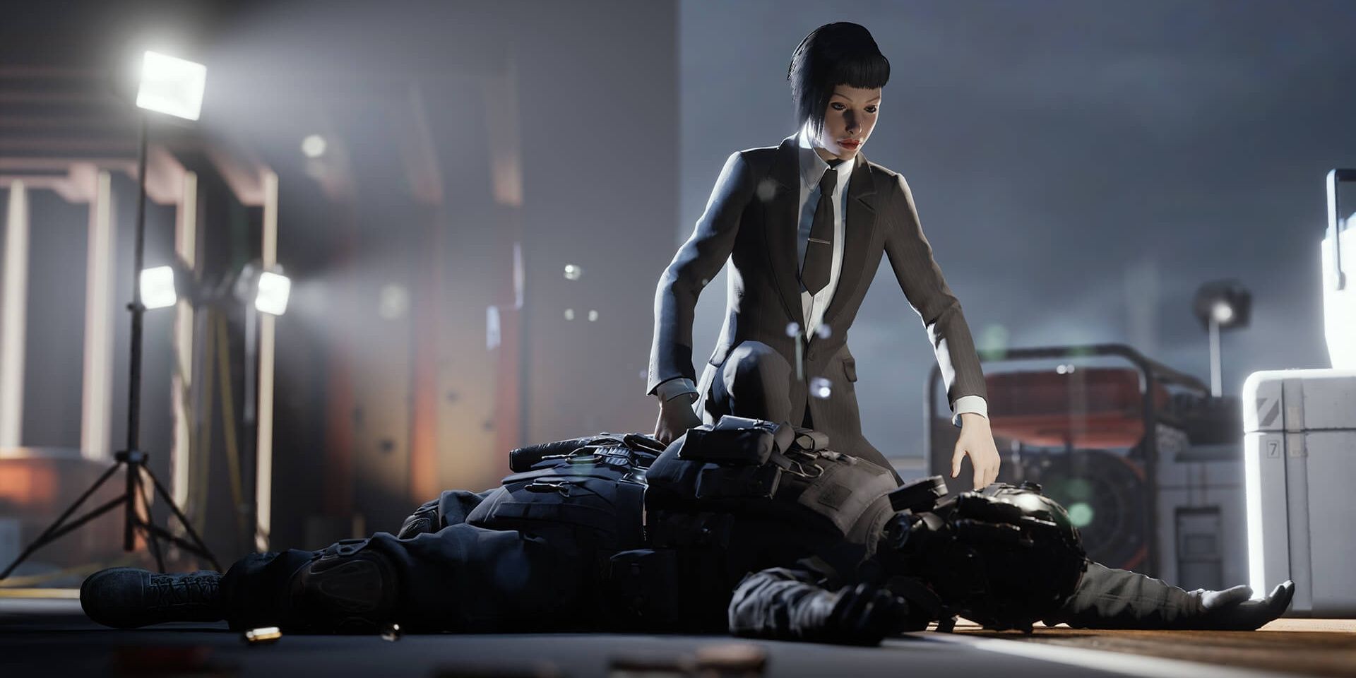 A screenshot showing Leysha examining a body in Vampire: The Masquerade - Swansong