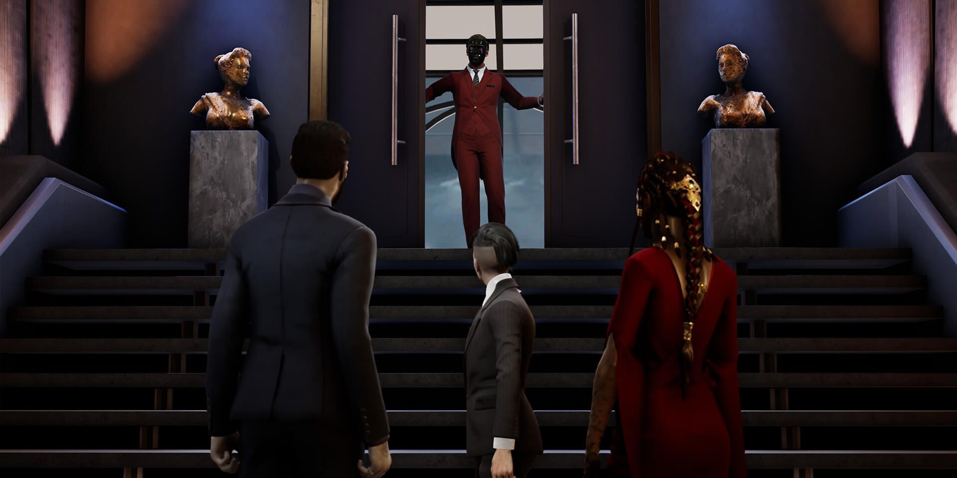 A screenshot showing the three playable characters standing in front of some steps in Vampire: The Masquerade - Swansong