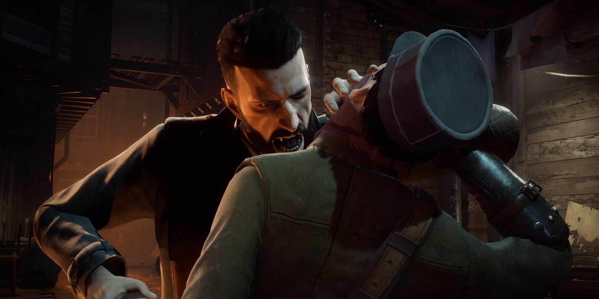 A screenshot showing Jonathan Reid attacking a victim in Vampyr