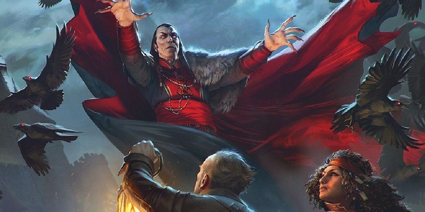 Vampire Strahd surprises the party in D&D art.