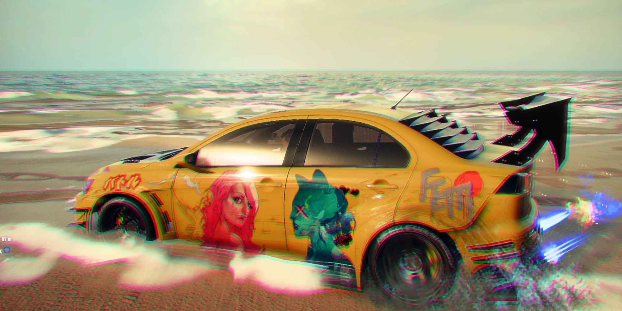 yelow mitsubishi in the surf with women decals and purple nitrous firing out need for speed heat