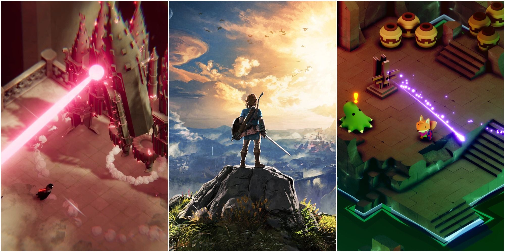 A collage showing the cover art for The Legend of Zelda: Breath of the Wild along with gameplay from Death's Door and Tunic