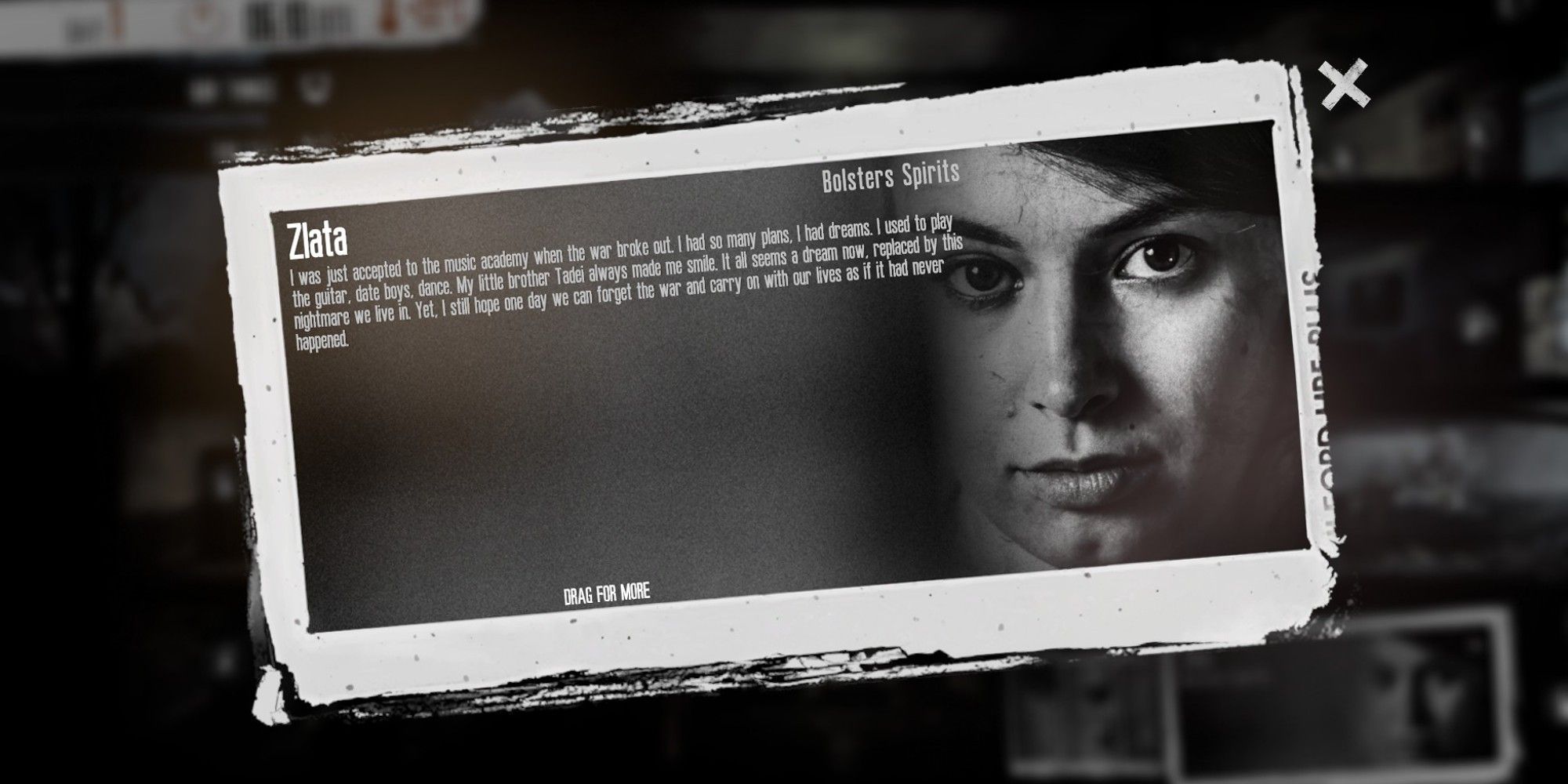 This War Of Mine Zlata character bio screen with her looking empty at the camera black & white