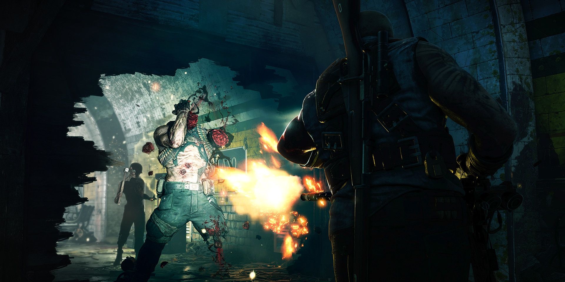 A screenshot showing a zombie being gunned down in Zombie Army 4: Dead War