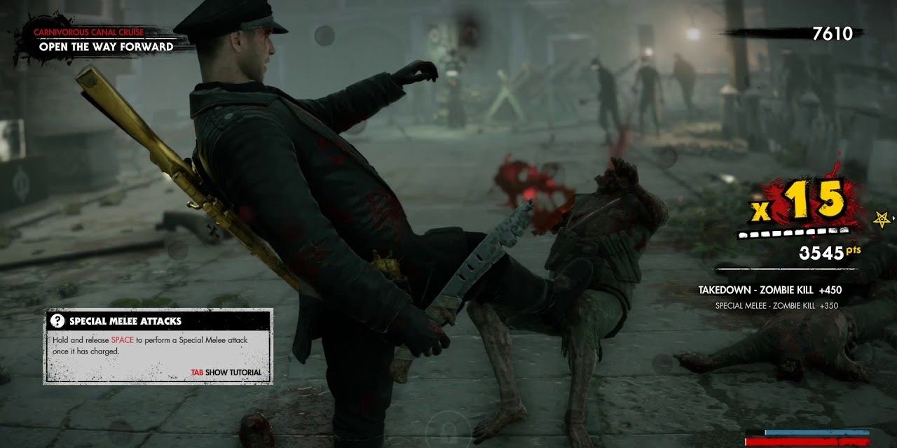 A screenshot showing a melee takedown being performed in Zombie Army 4: Dead War