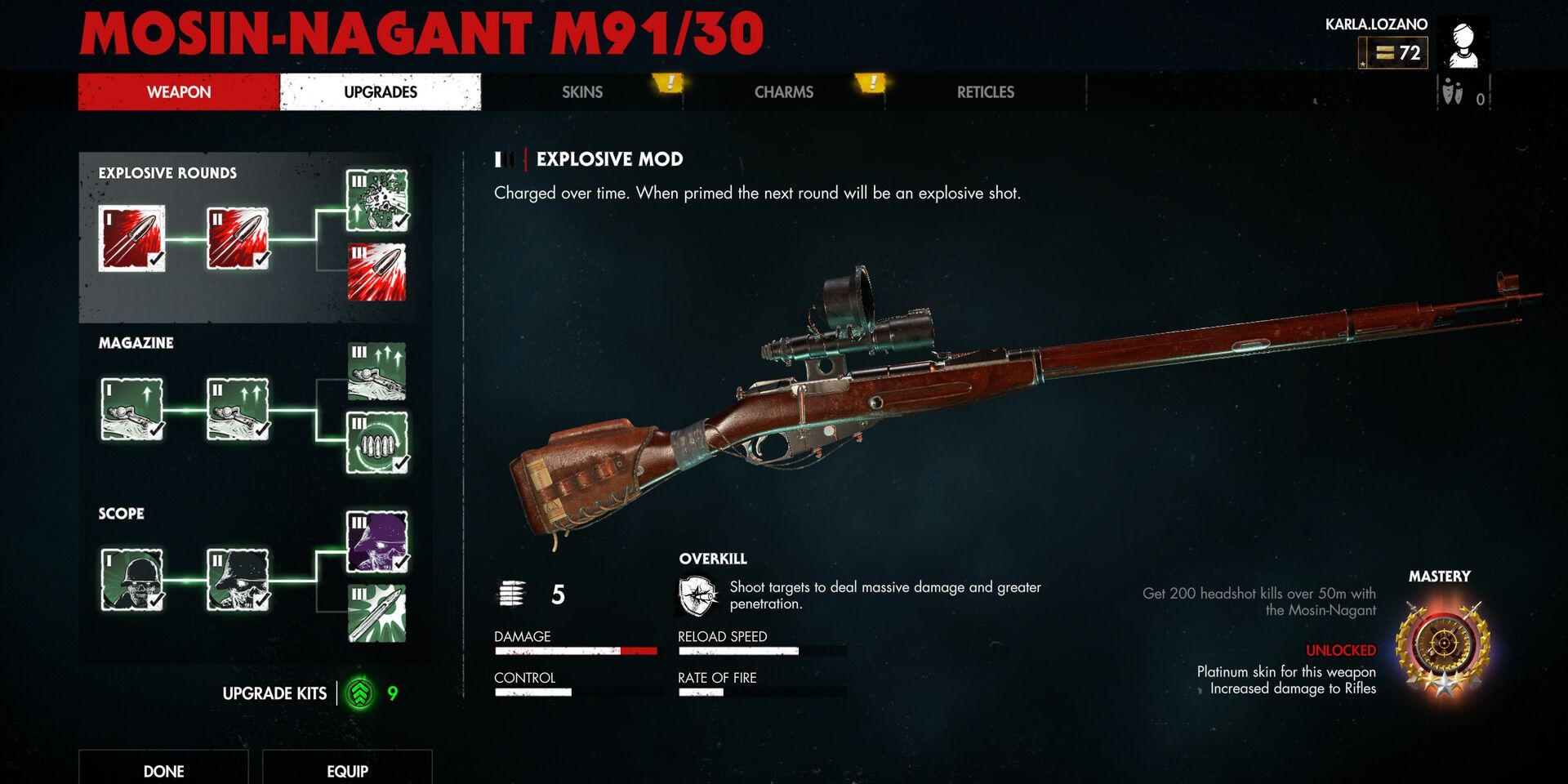 A screenshot showing available upgrades for the Mosin-Nagant M91/30 rifle in Zombie Army 4: Dead War