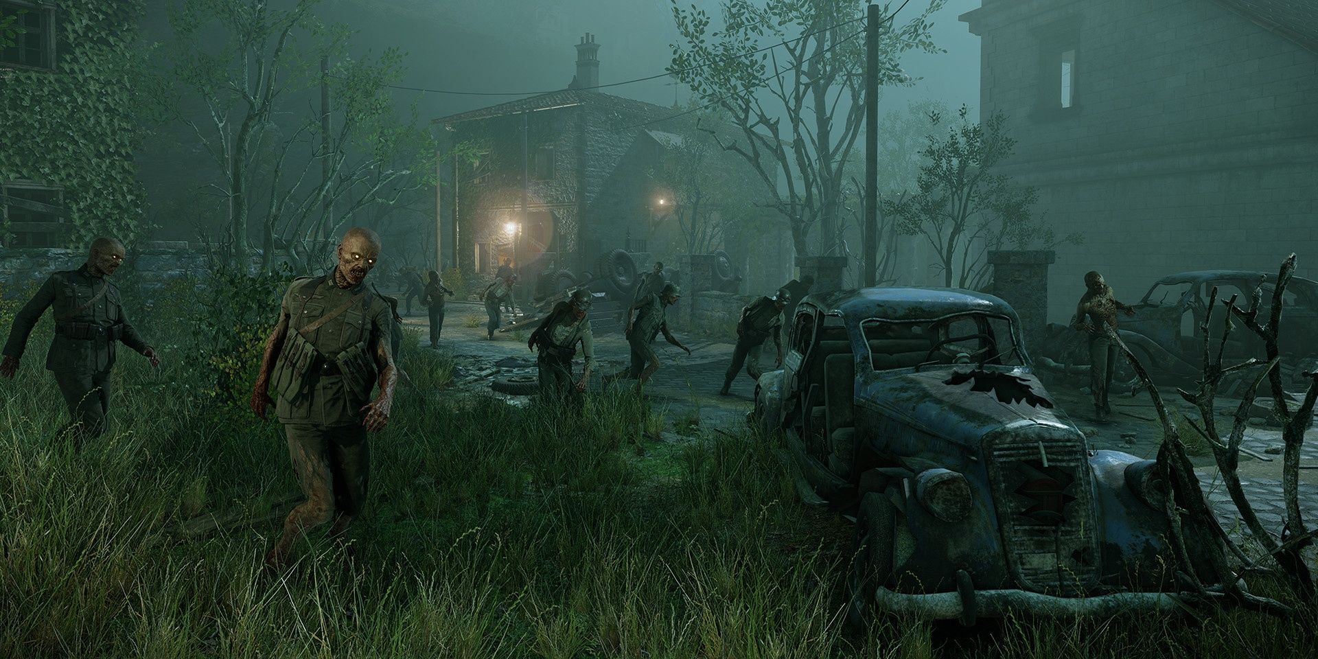 A screenshot showing an approaching zombie horde in Zombie Army 4: Undead War