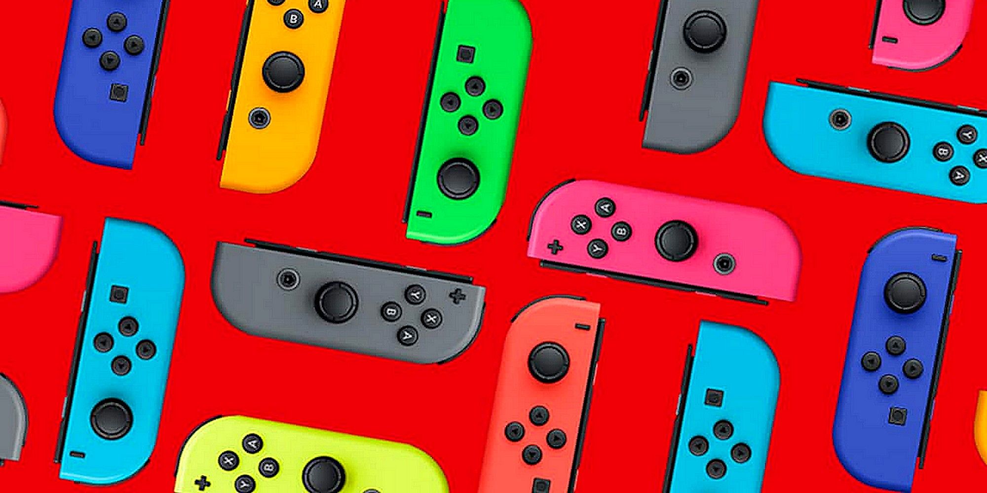 A selection of multicolor Joy-Cons for Nintendo Switch against a red background
