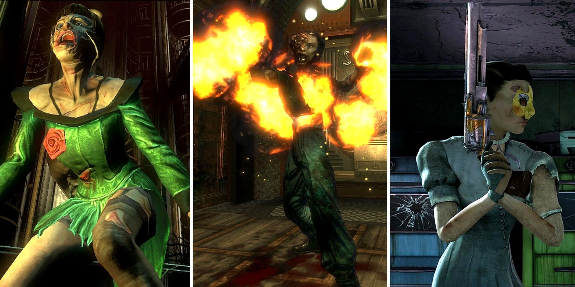 Three different types of Splicers from BioShock: spider, Houdini, and early