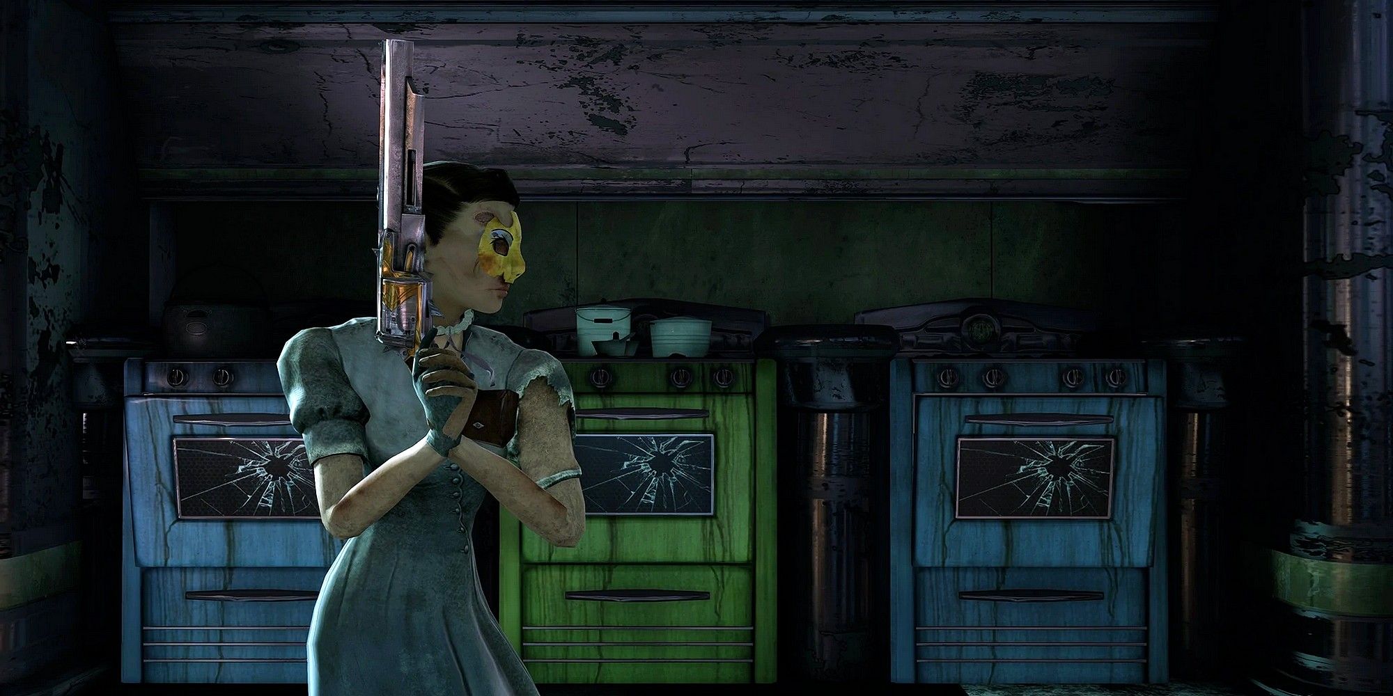 An Early Splicer carrying a weapon and wearing a mask in BioShock