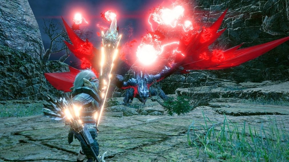 Crimson Glow Valstrax in Monster Hunter Rise. It is shooting red orbs at the player character.