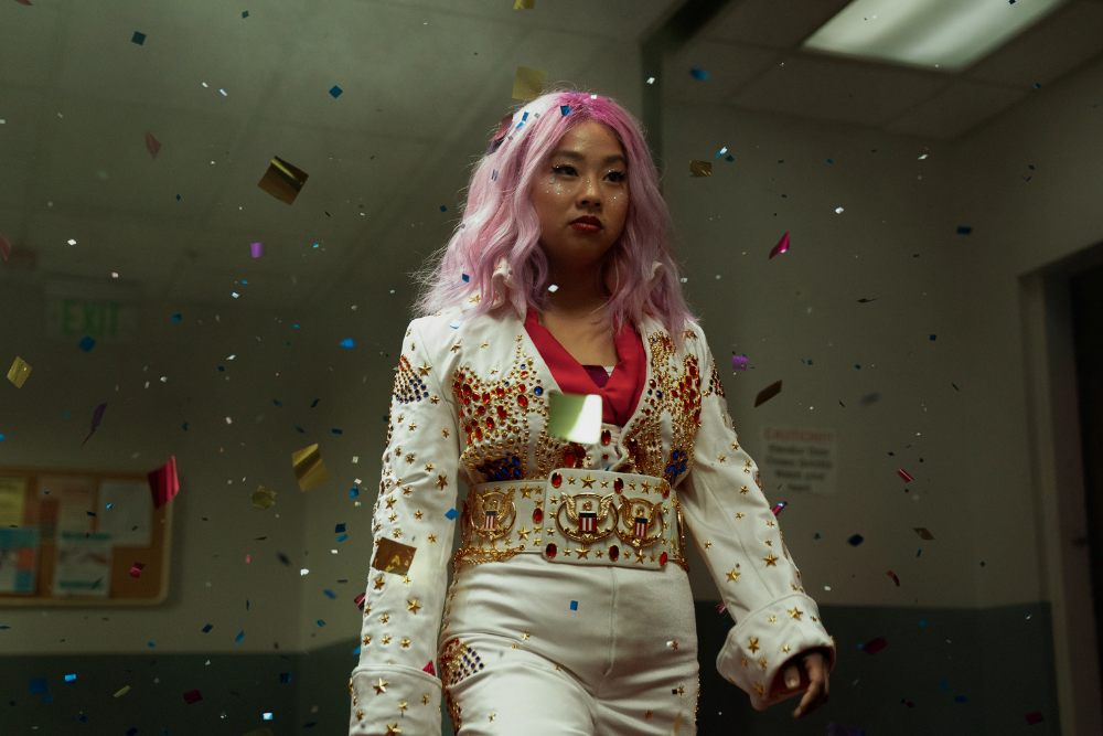Stephanie Hsu covered in confetti in Everything Everywhere All At Once