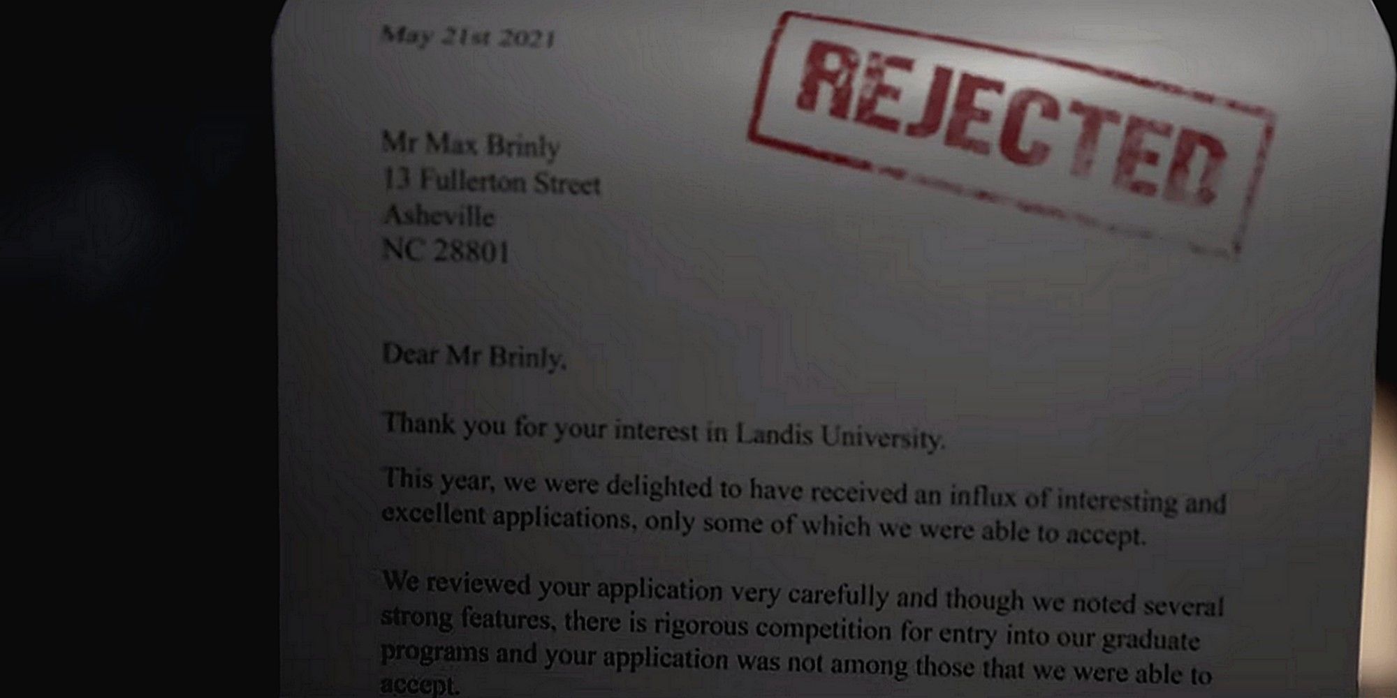 Max's rejection letter from The Quarry