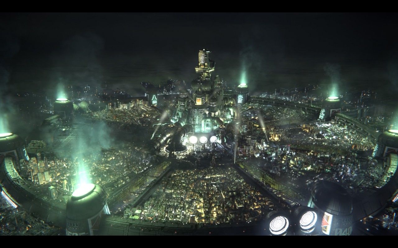 An aerial view of Midgar during the introduction to Final Fantasy 7 Remake
