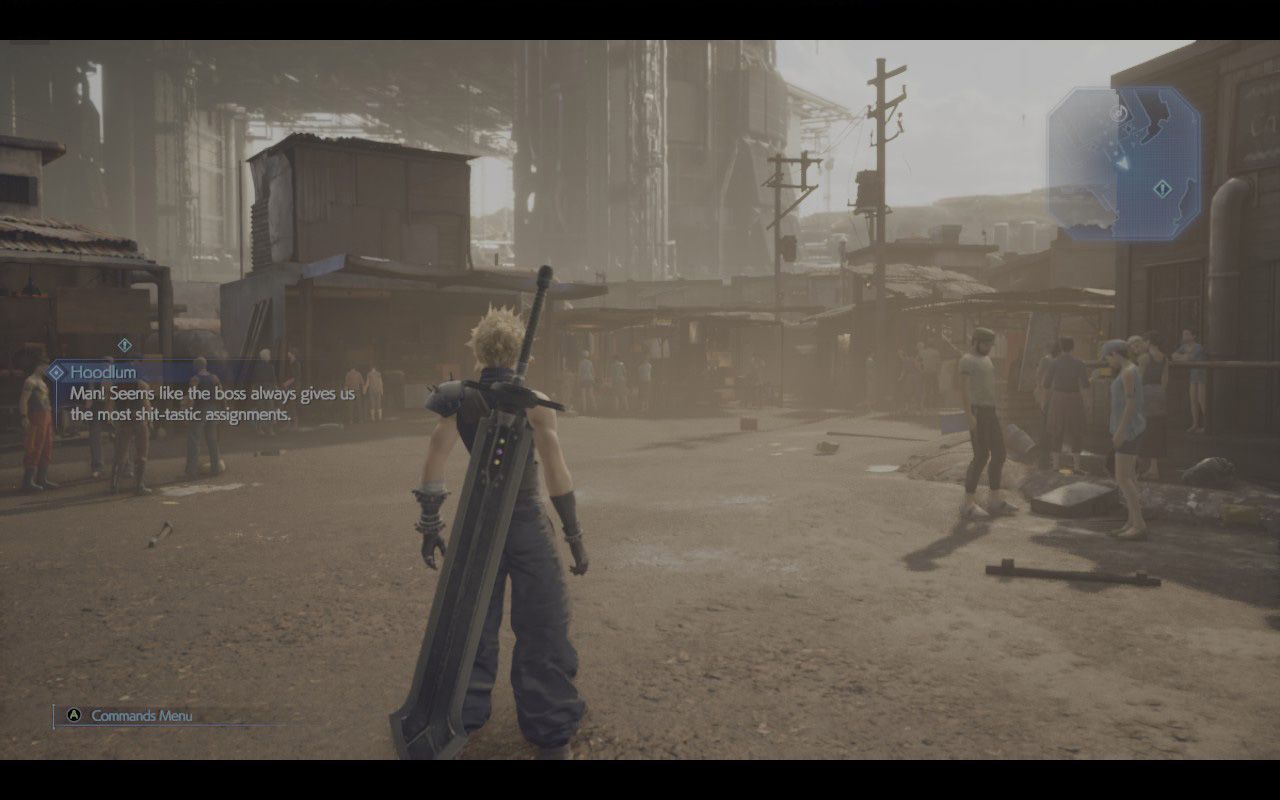Cloud looking out into Sector 7 in Final Fantasy Remake. Image highlights HDR switched on on Steam Deck.