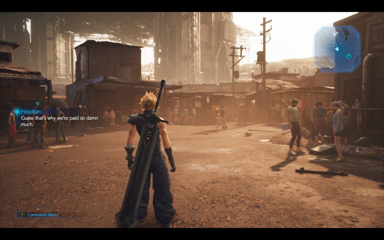 Cloud looking out into Sector 7 in Final Fantasy Remake. Image highlights HDR switched off on Steam Deck.