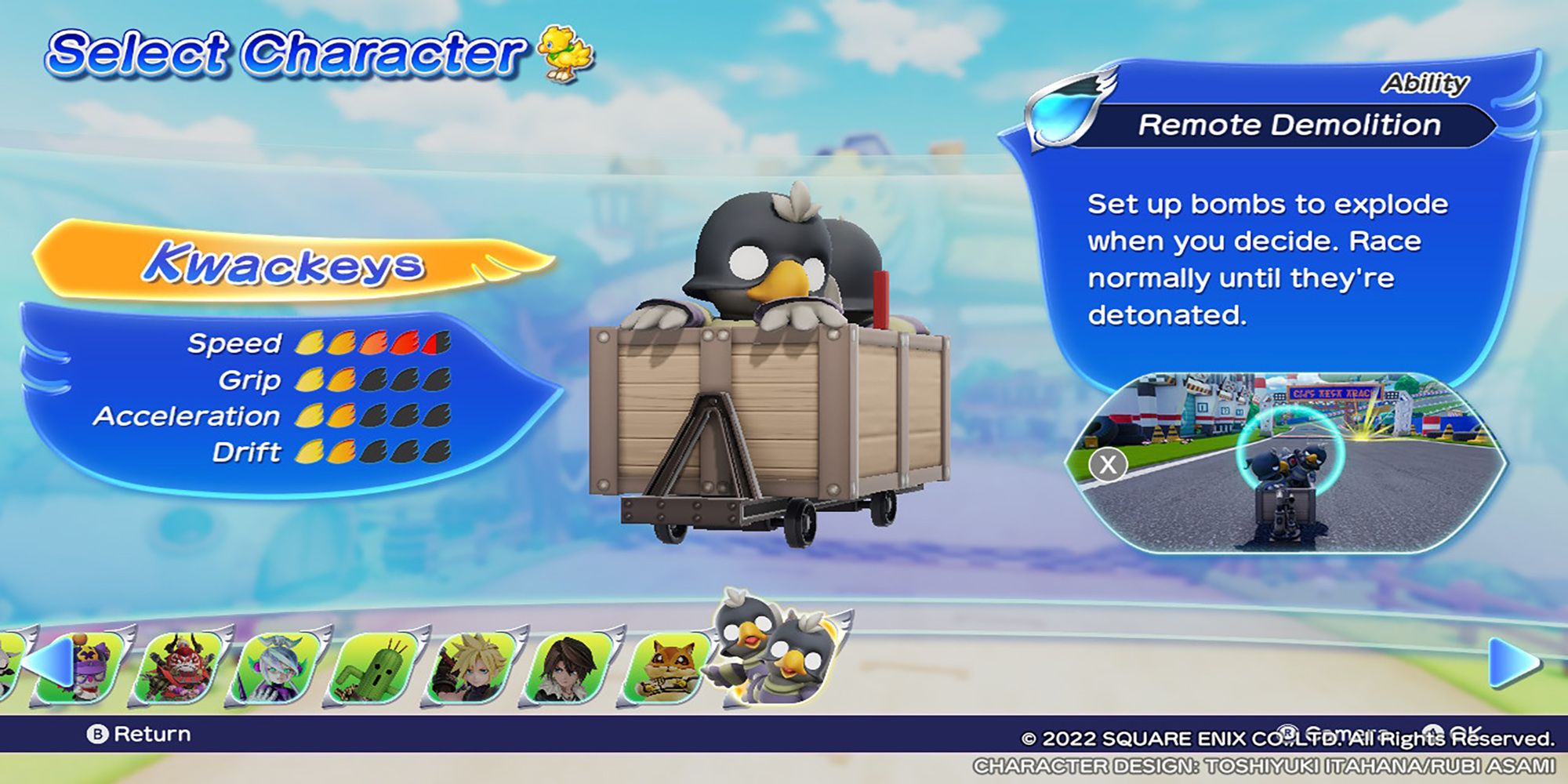 A pair of bomb setting kwackeys sit in a crate-turned-racecar on the Character Select Screen in Chocobo GP.