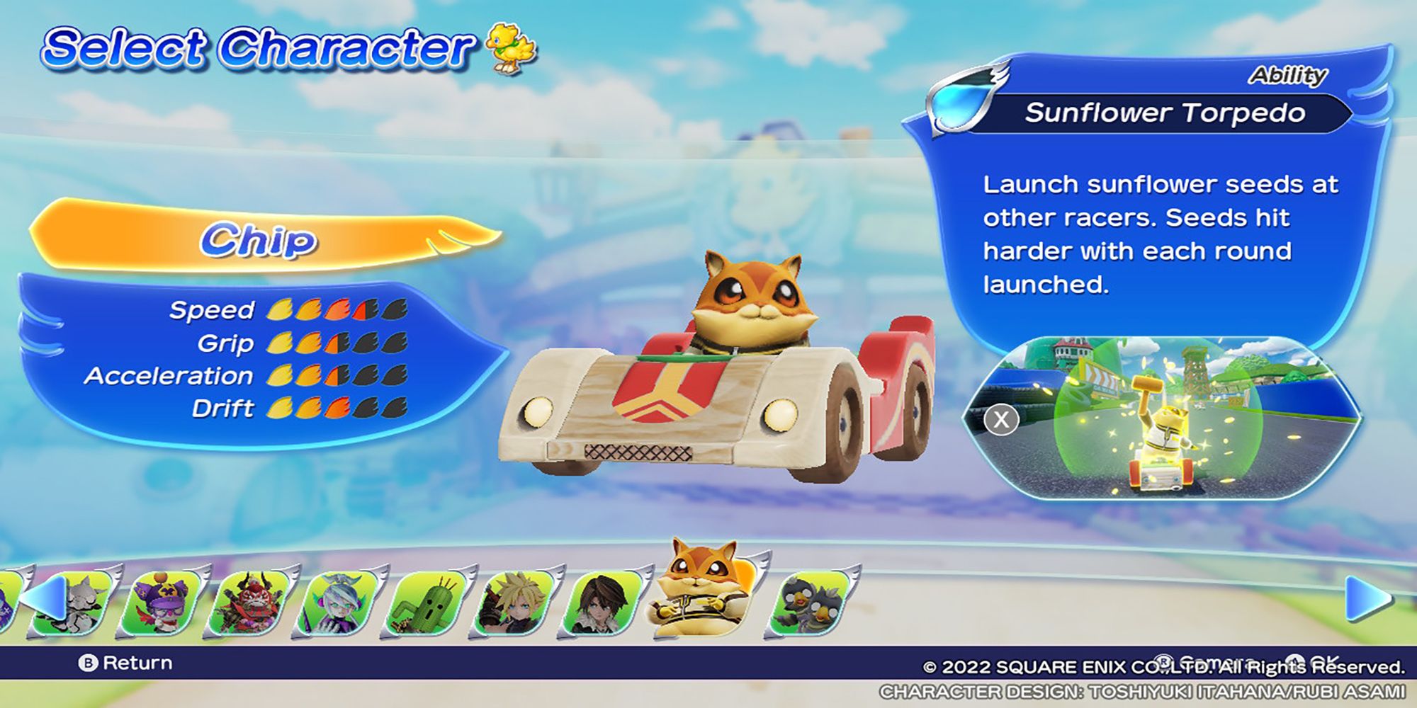 Chip, a sunflower pelting hamster, sits in their race car on the Chocobo GP Character Select screen.