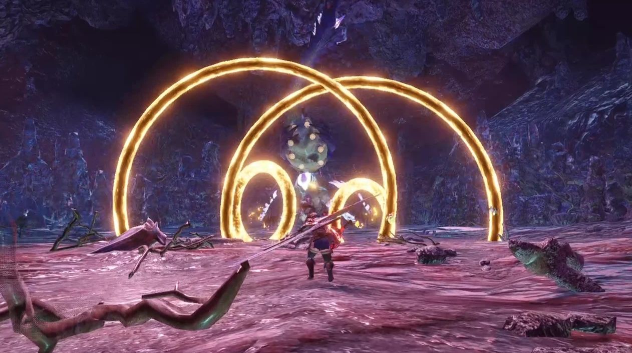 Narwa the Allmother shooting yellow lightning rings in Monster Hunter Rise.