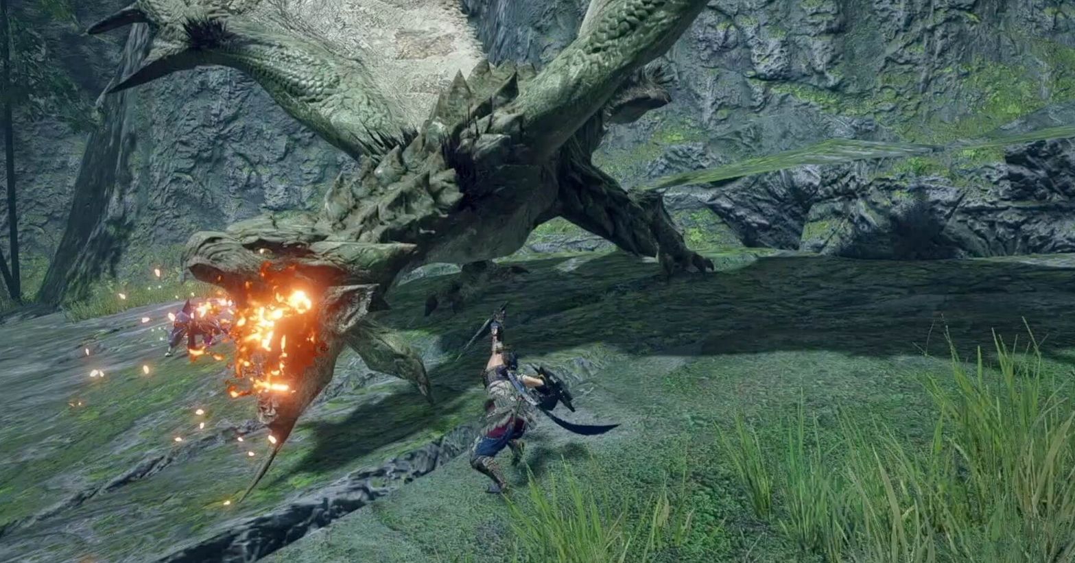 Hunting a Rathian in Monster Hunter Rise. A green wyvern spits fire. A player character with a sword and shield swings at the wyvern.