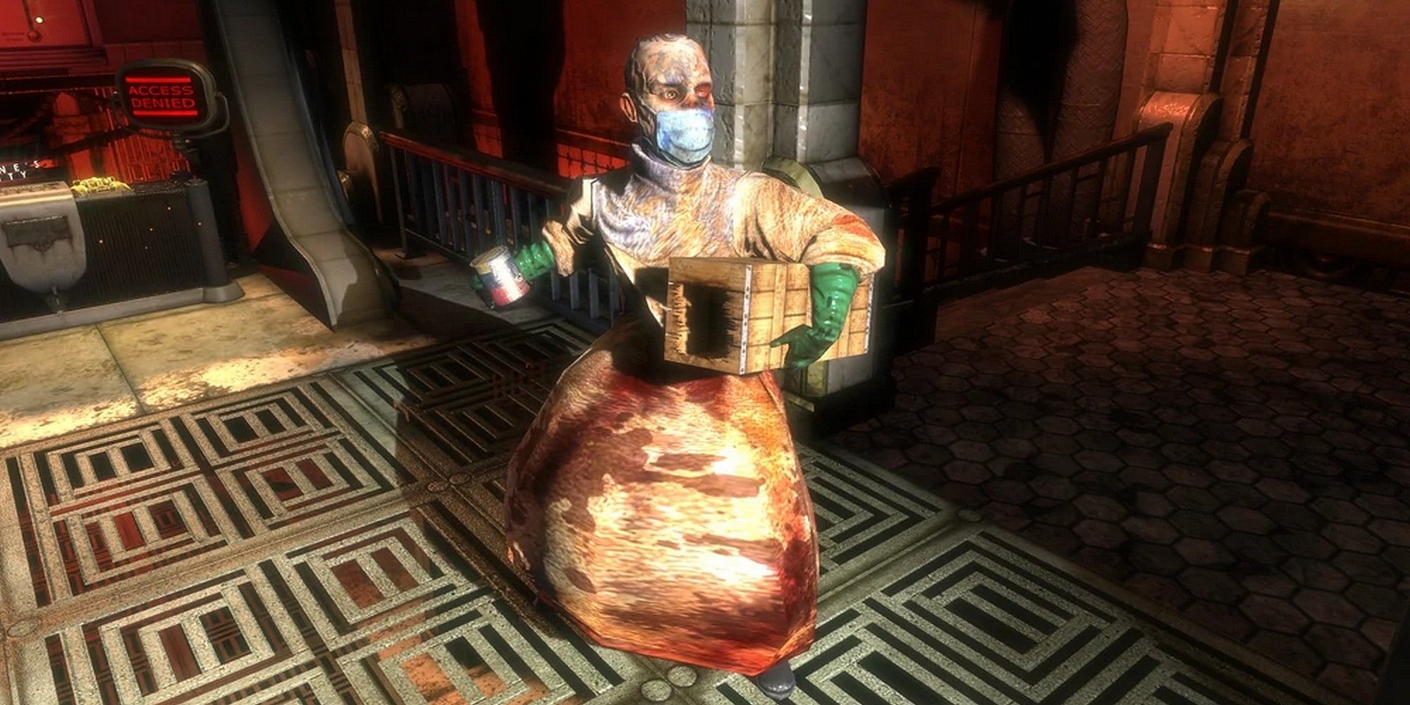 A Nitro Splicer from BioShock, dressed in medical clothing carrying grenades