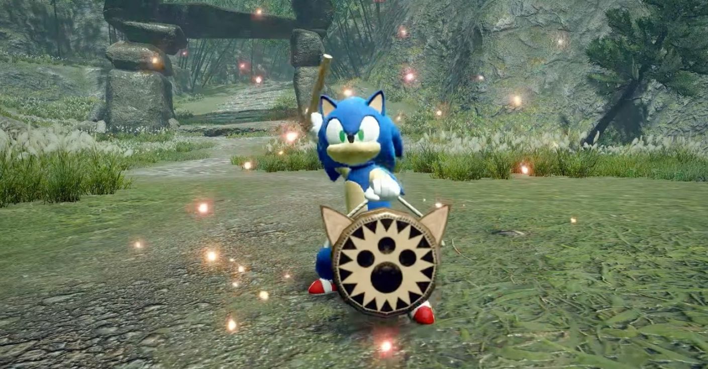 A Palico from Monster Hunter Rise wearing a Sonic costume and hitting the Power Drum.