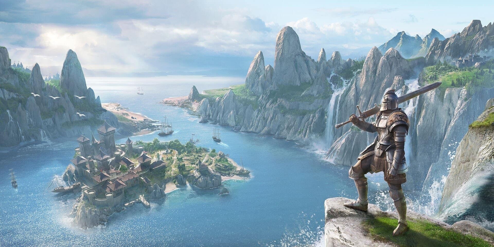 Elder Scrolls Online Character Overlooks an Island City Below 