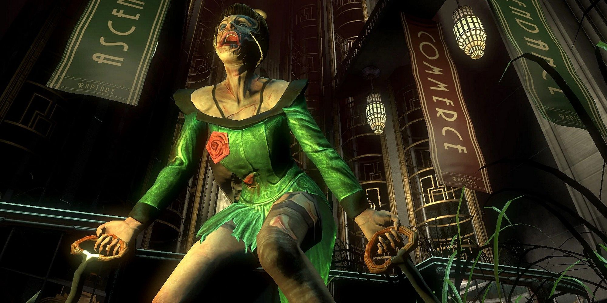 A Spider Splicer on the ground with her hooks in BioShock