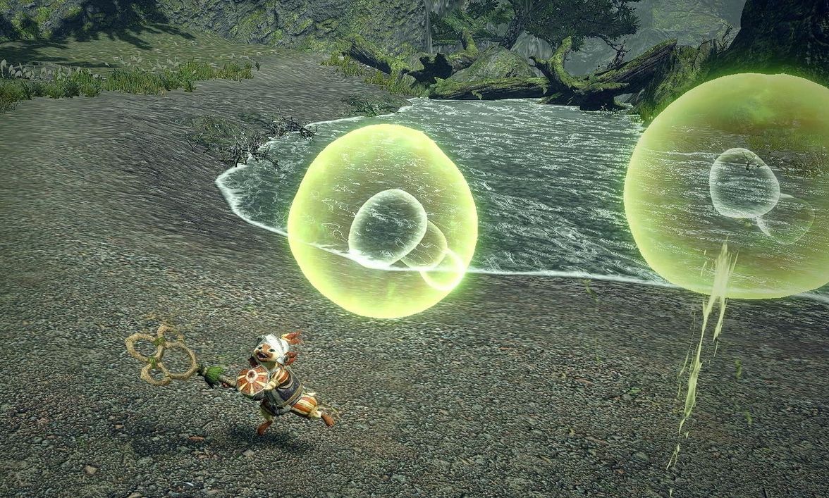 A Palico in Monster Hunter Rise blowing two green Healing Bubbles.