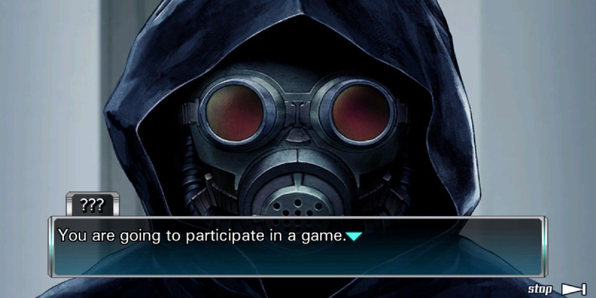 zero in gasmask speaking to player