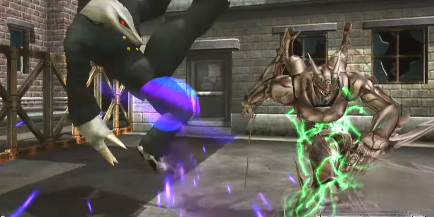 Mole-Man Bakuryu launches at Bug-Man Xion with a flying kick