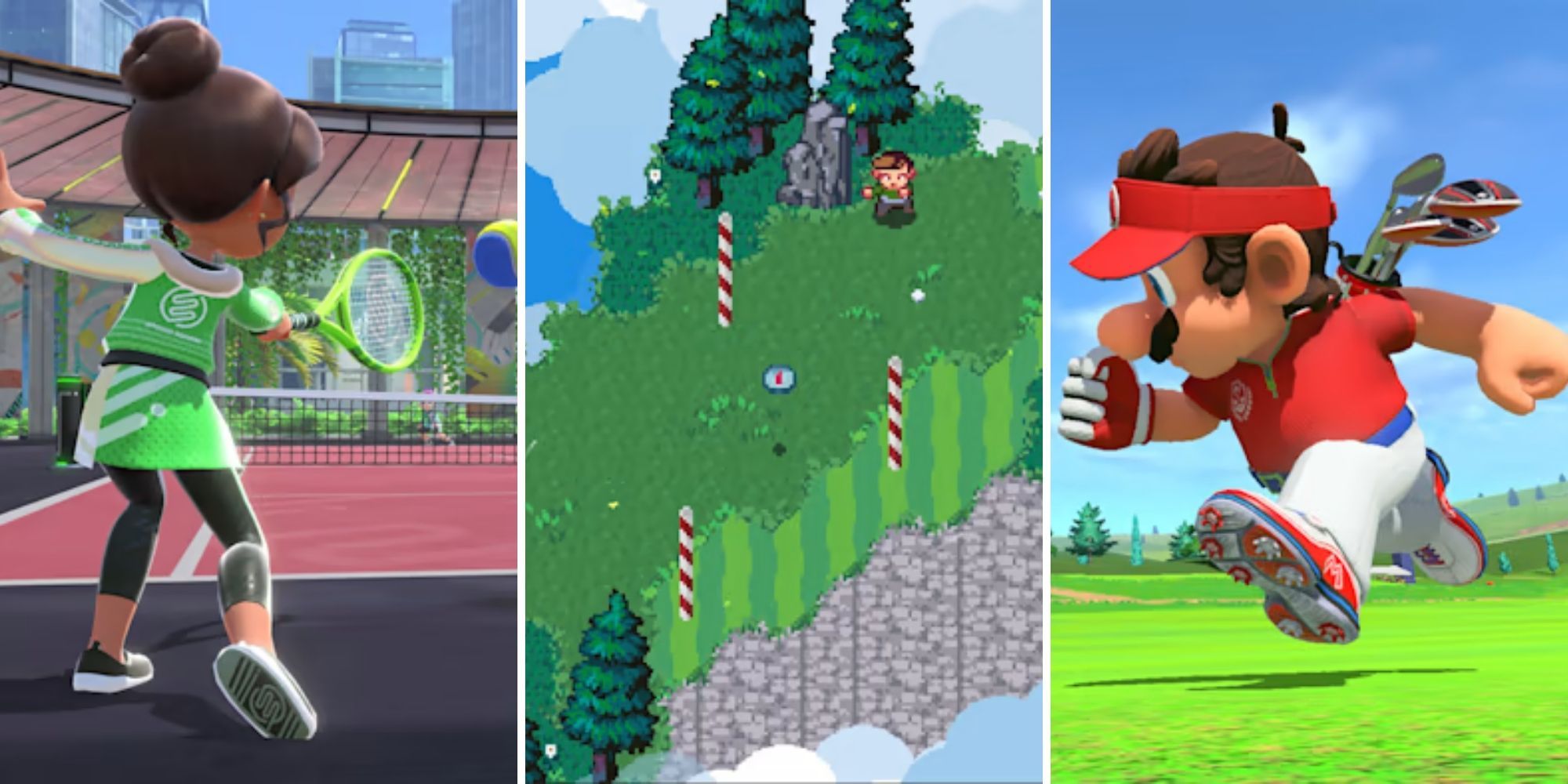 A Mii takes a swing, Golfer stands on the course, Mario Runs