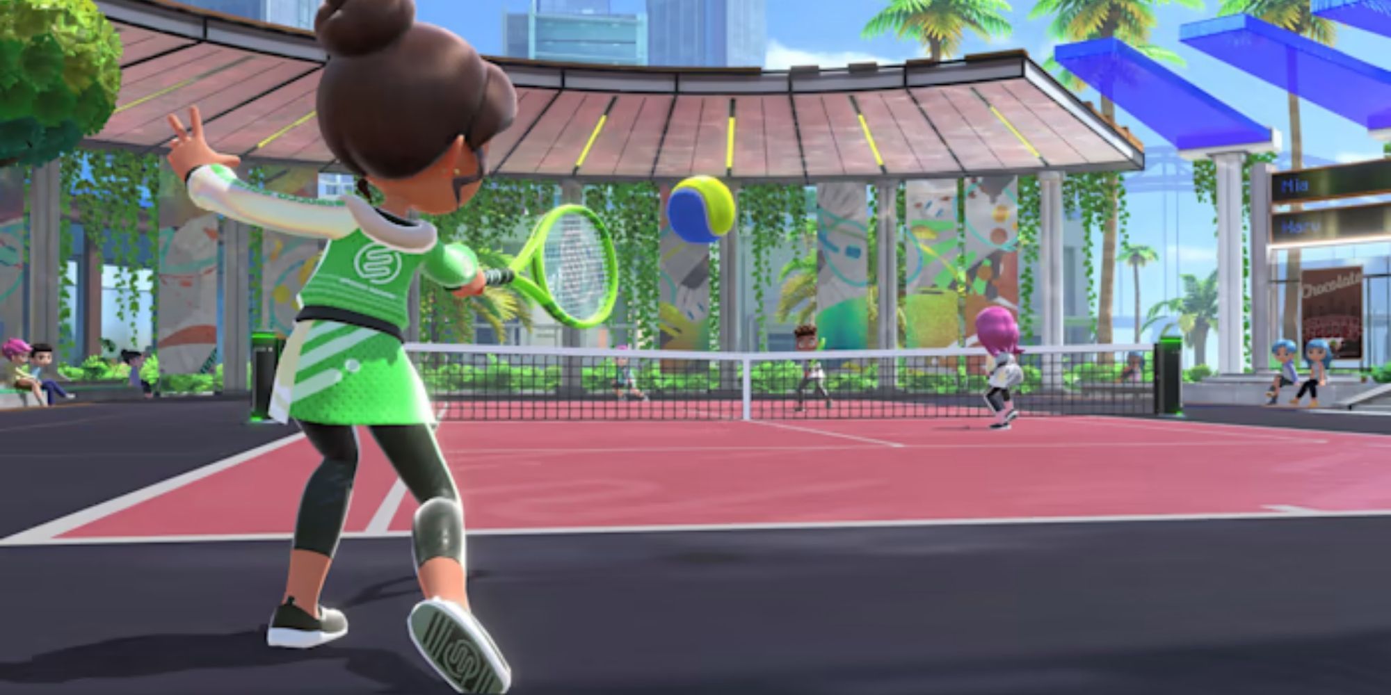 A Mii takes a swing in Badminton during a doubles match
