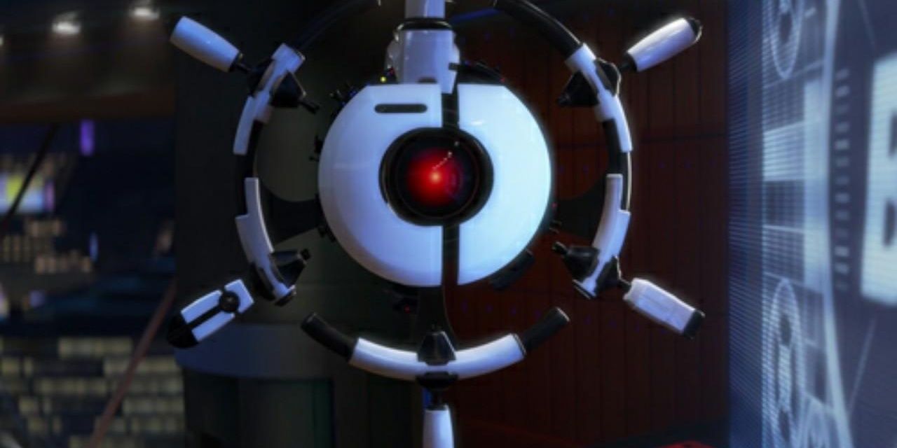 a robotic captains wheel with a red eye