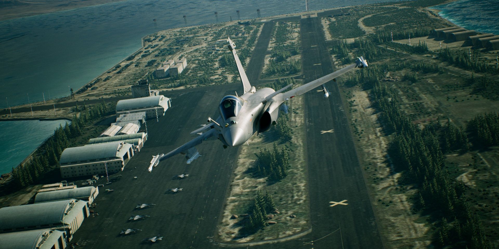 Plane taking off into the air from a hangar in the ocean in Ace Combat 7 