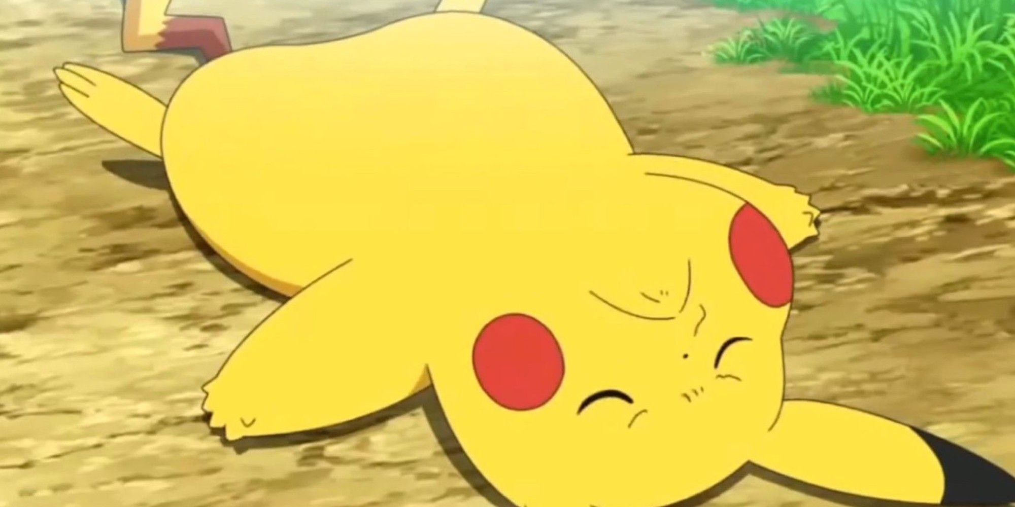 Tired Pikachu lying down with eyes closed
