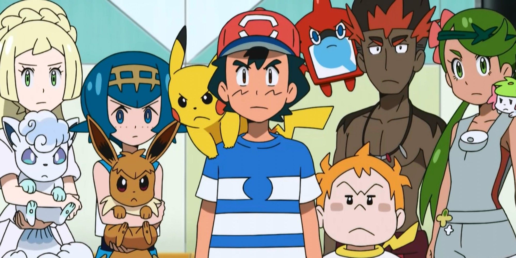 pokemon alola gang with mallow, kiawe, lana, lilly and sophocles