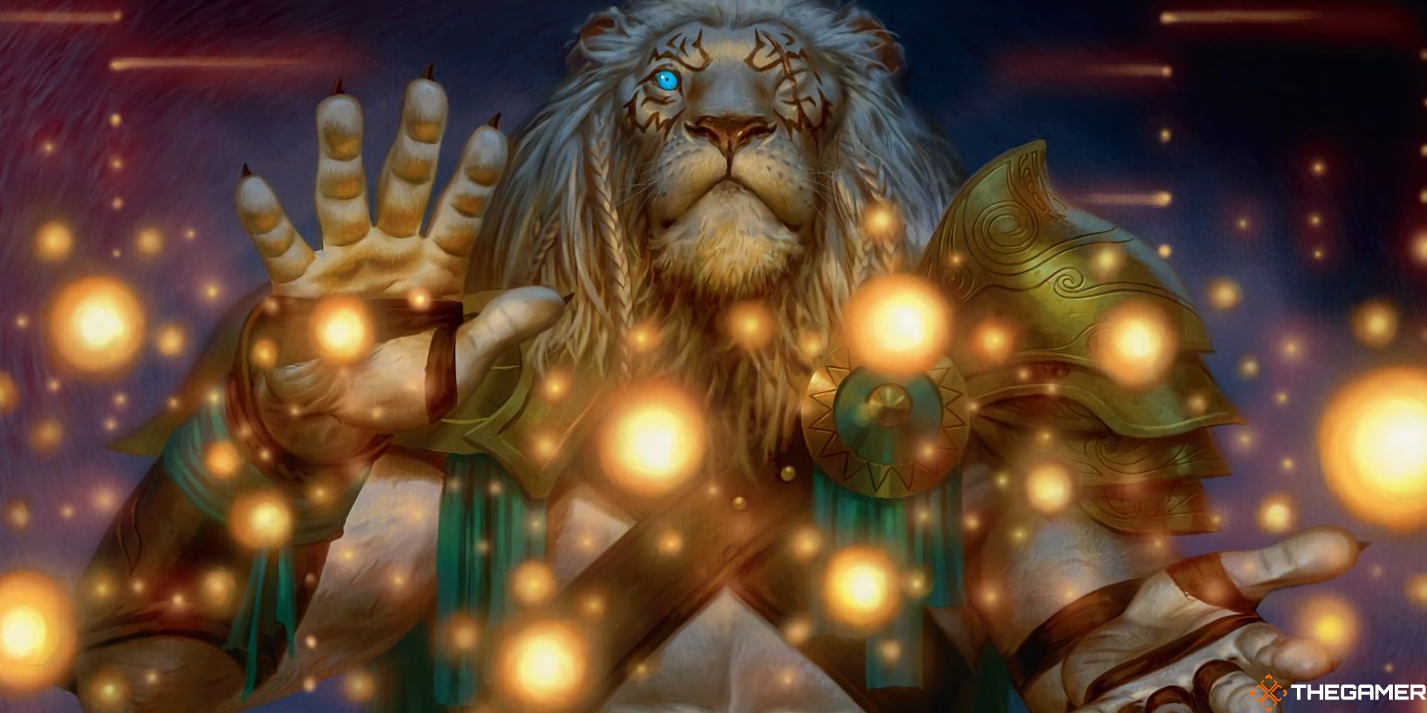 Ajani, holding his hand up in a cloud of balls of light.
