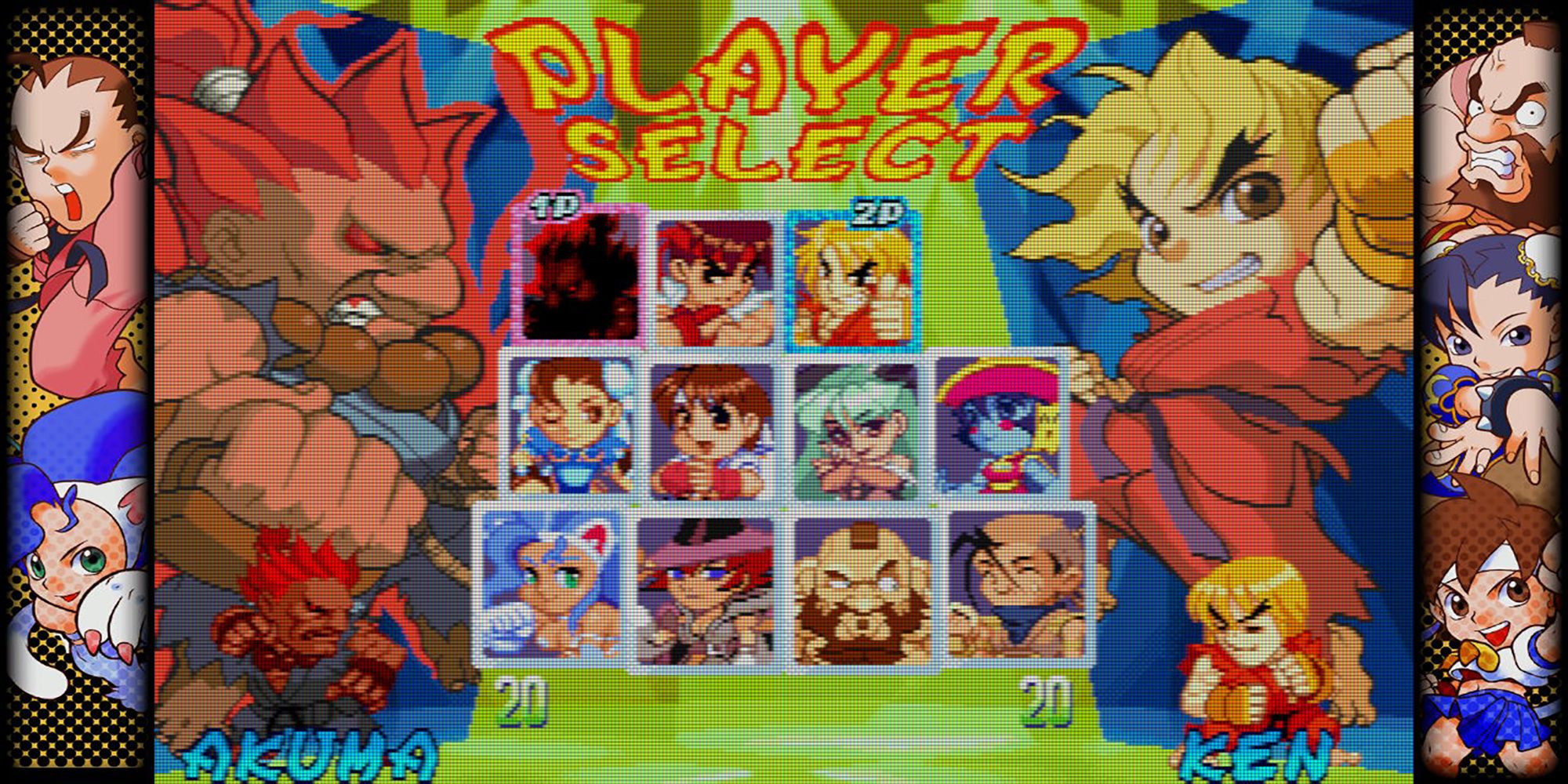 The Player 1 cursor highlights Akuma on the Player Select screen in Super Gem Fighter Mini Mix. Capcom Fighting Collection.