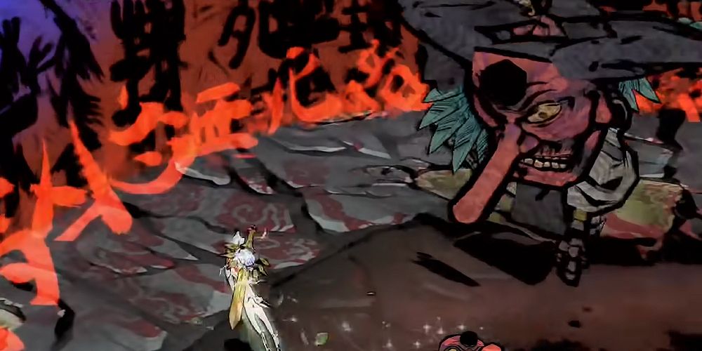 Amaterasu battles a great tengu in the devil gate.