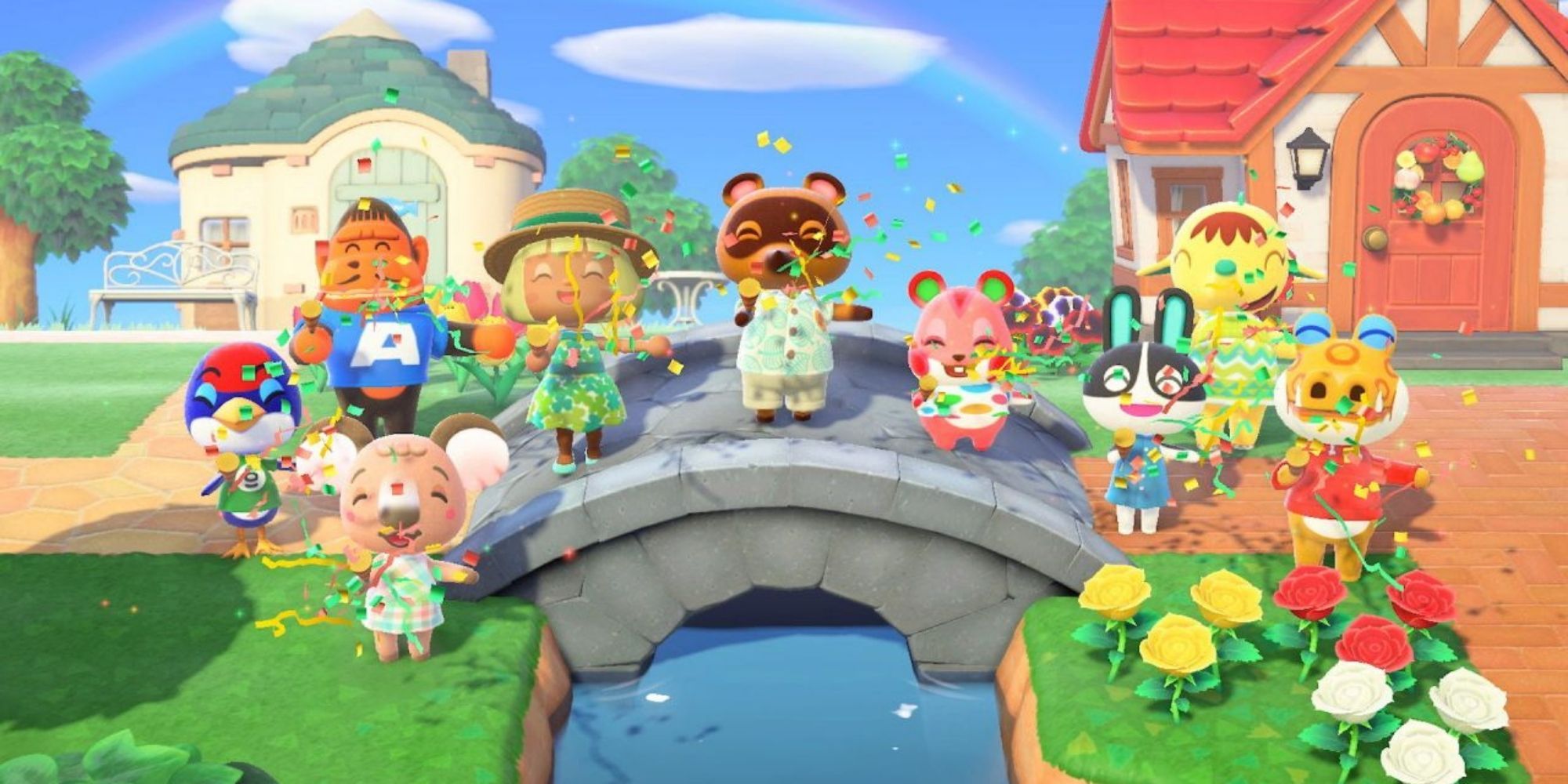 Tom Nook and other villagers pop confetti on a bridge