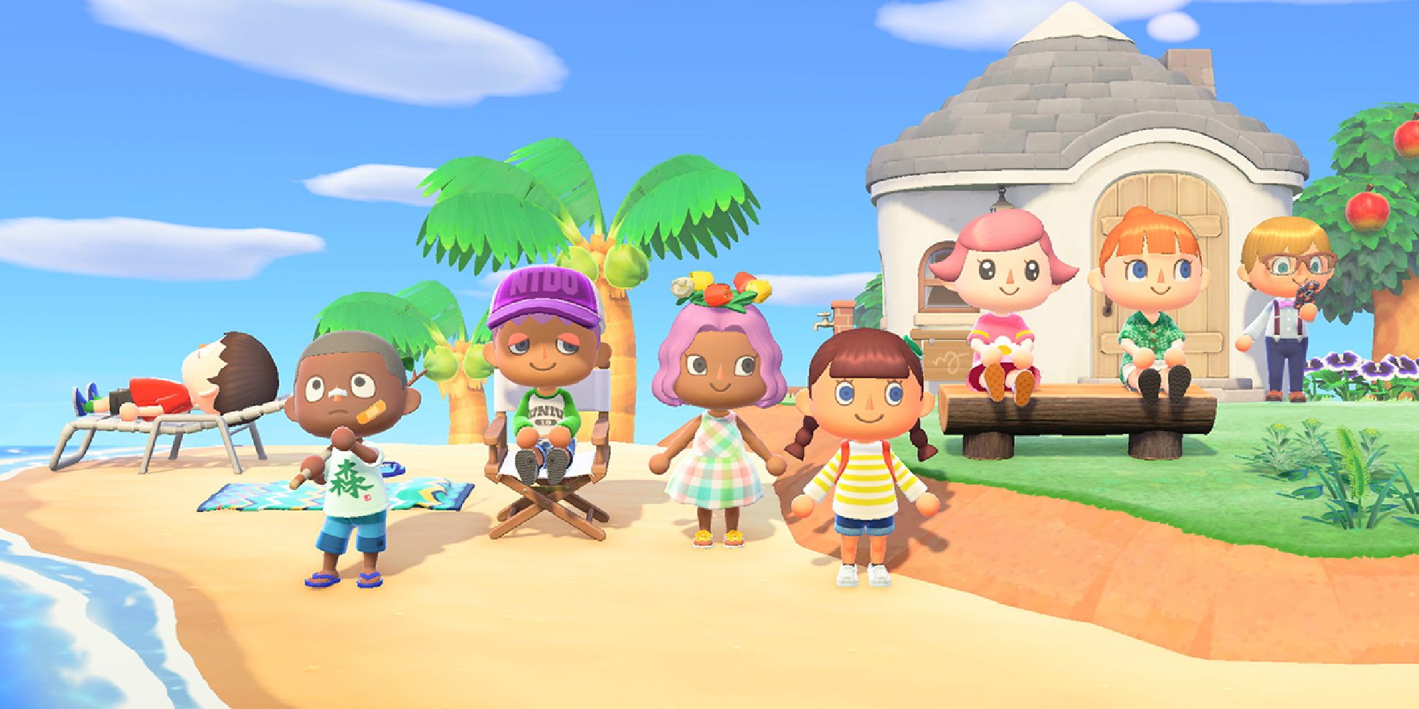 Animal Crossing New Horizons friends hanging out on the beach