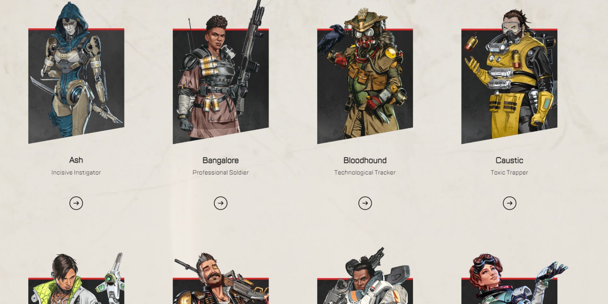 Official art for apex legends Ash, Bangalore, Bloodhound, Caustic, Crypto, Fuse, Gibraltar, and Horizon