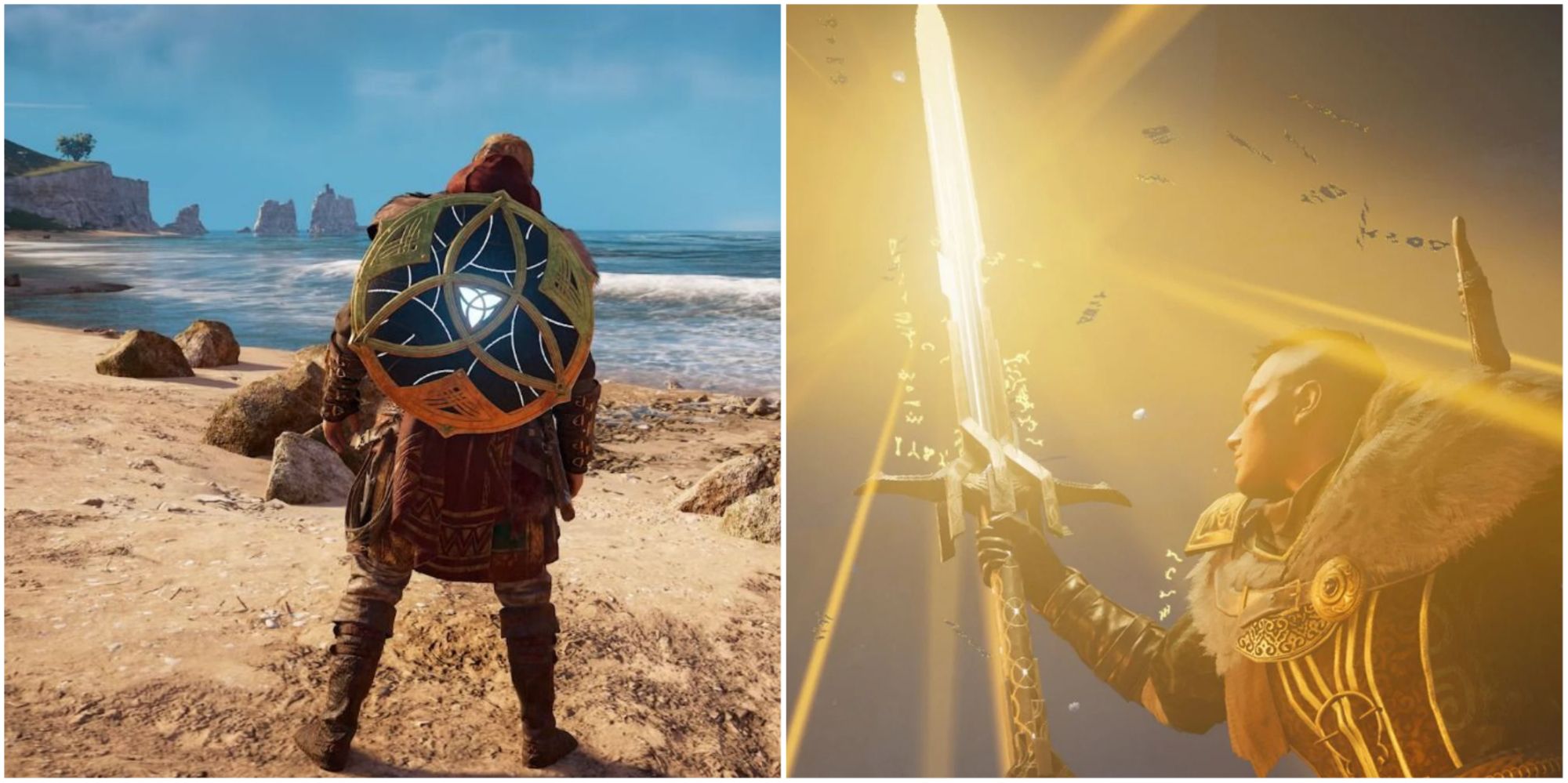 Assassin's Creed Valhalla Best Weapons Featured Split Image Shield and Shield