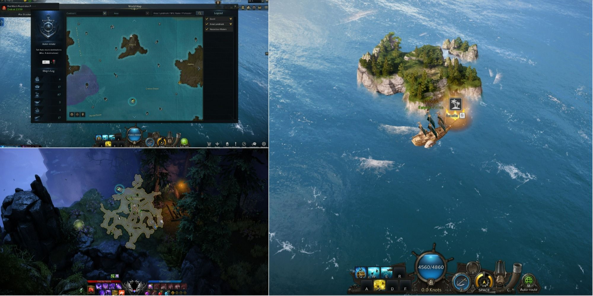 Lost Ark split image of Astella island on open seas, its map location, and Mokoko Seed 2 location