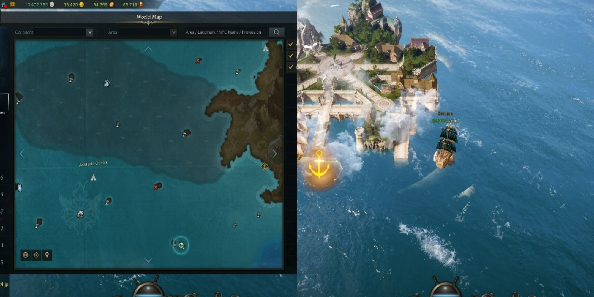 Lost Ark split image of Atropos Island location on open seas and on map