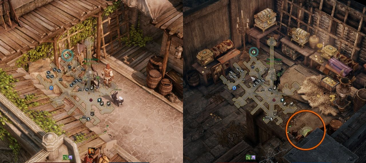 Lost Ark split image of Atropos Island Mokoko seed 1 hidden entrance and location with minimap open