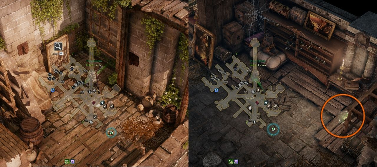 Lost Ark split image of Atropos Island Mokoko seed 4 hidden entrance and location with minimap open