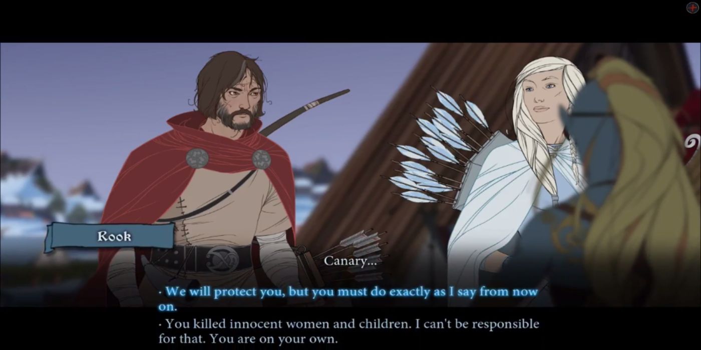 Banner Saga 3 Rook conversing with party members