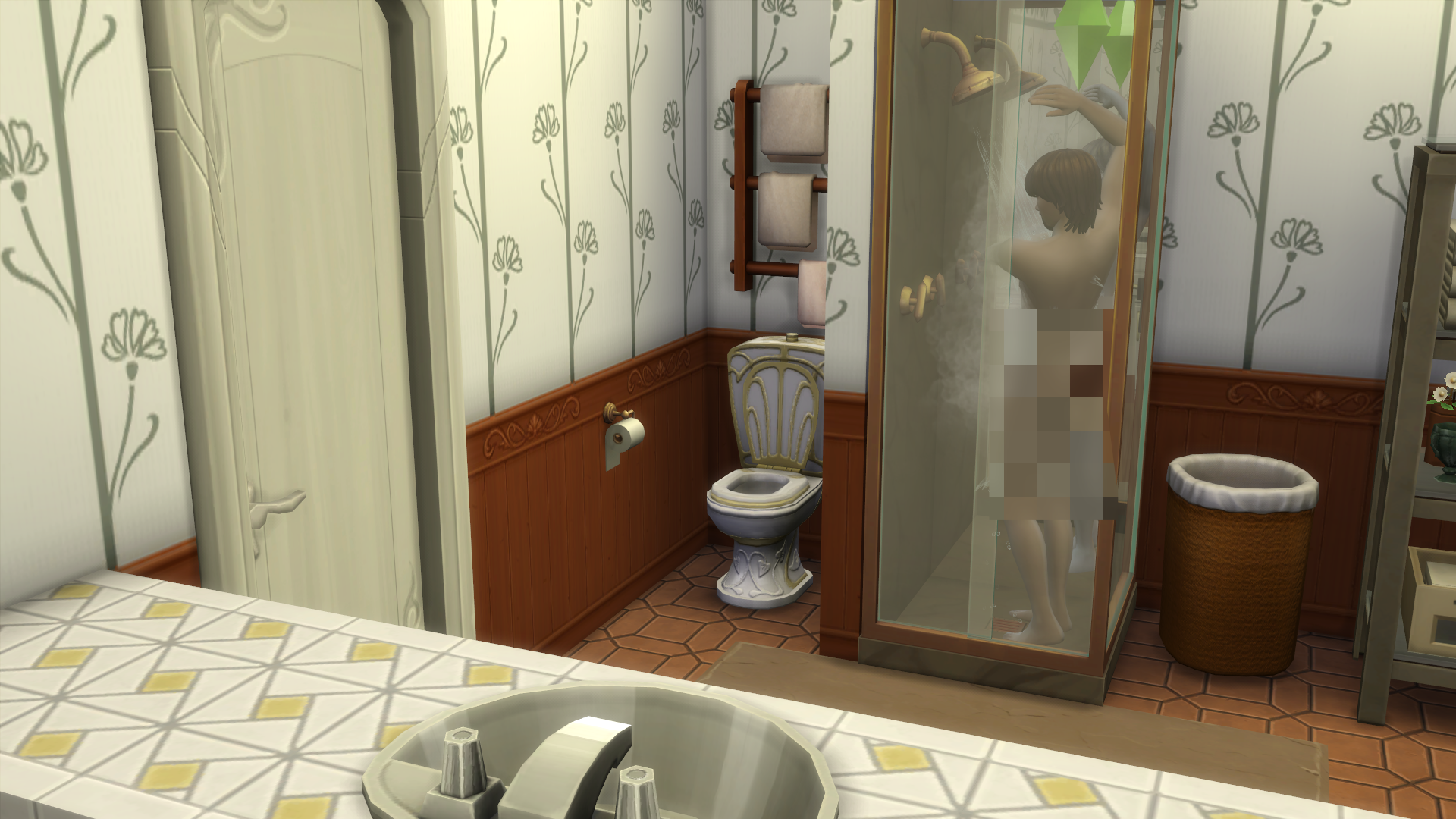 A male Sim in the shower in The Sims 4